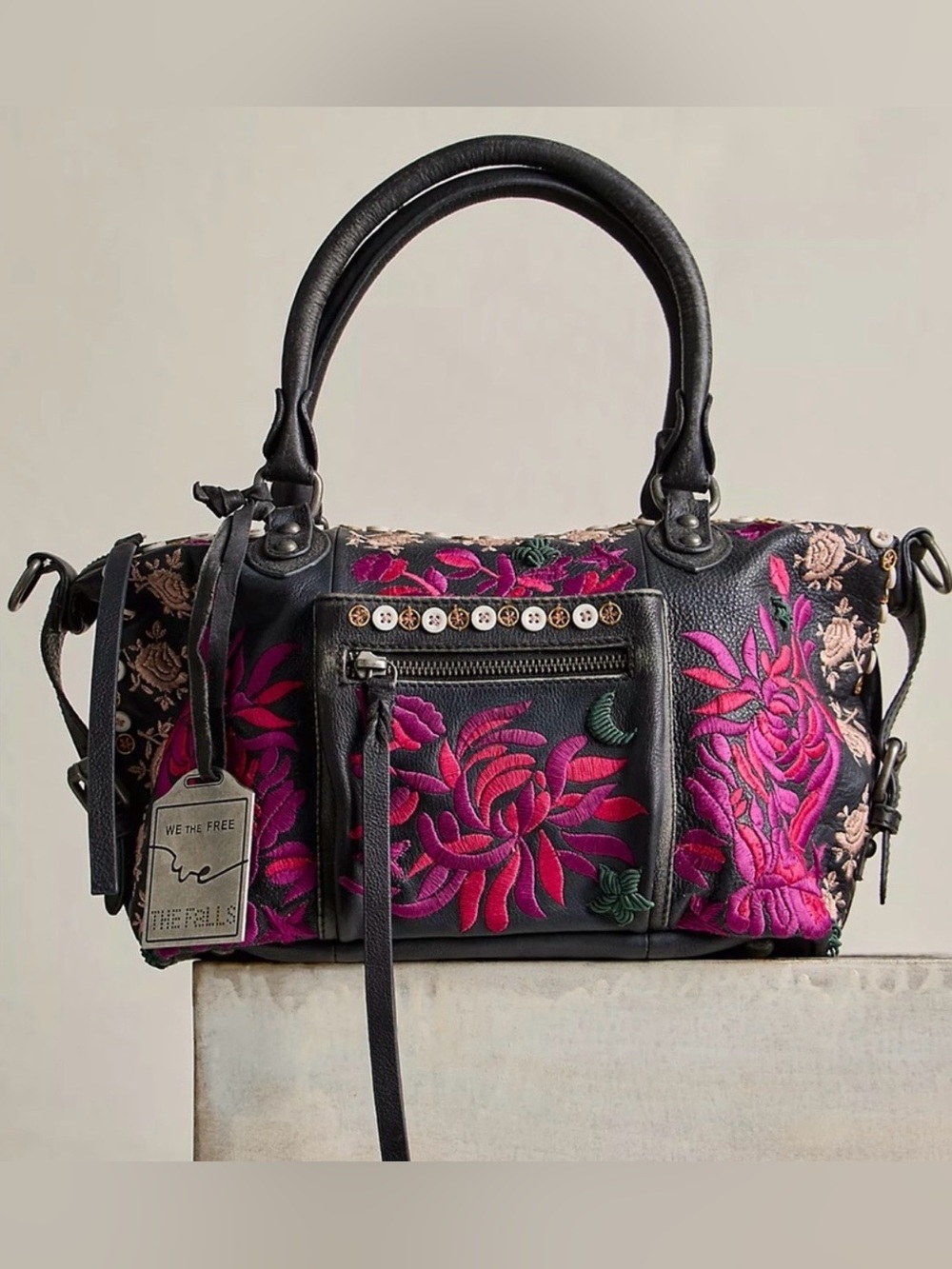 Free People x The Falls Baby Emerson Tote Bag Floral Embroidered Buttons RARE